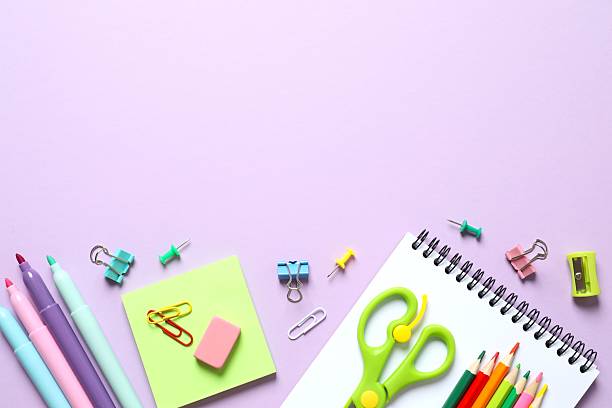 istock Flat lay with school stationery on color background, top view 2252411898