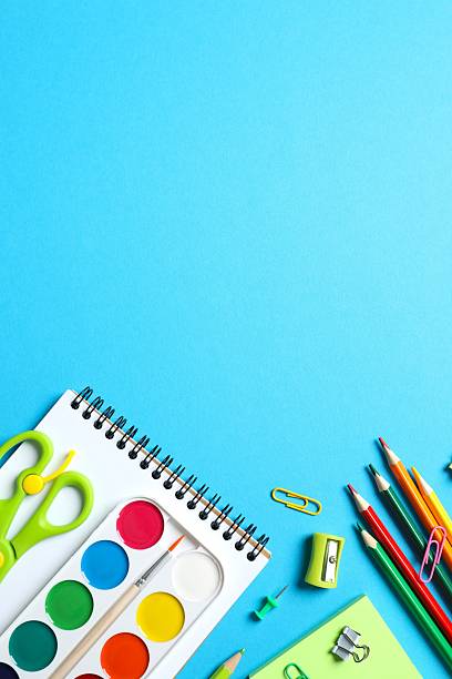 istock Flat lay with school stationery on color background, top view 2252412084