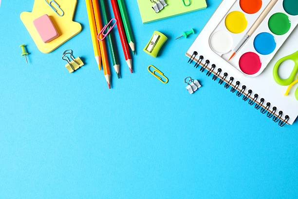 istock Flat lay with school stationery on color background, top view 2252412085