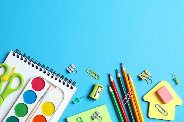 istock Flat lay with school stationery on color background, top view 2252412090