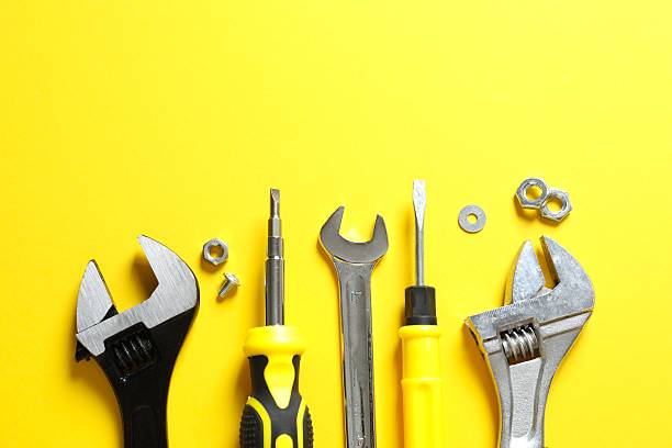 istock Set of tools on color background, top view 2252413529