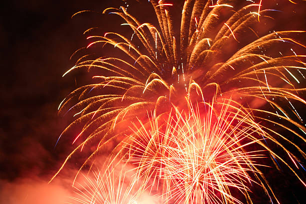 Red Firework celebrate anniversary happy new year, 4th of july holiday festival.