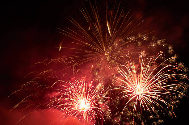 Red Firework celebrate anniversary happy new year, 4th of july holiday festival.
