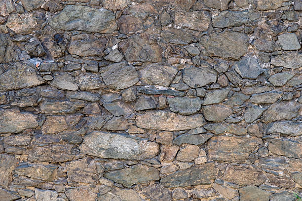 istock Photograph showcasing rugged limestone and granite wall with moss and shadow play for artistic projects 2252419017
