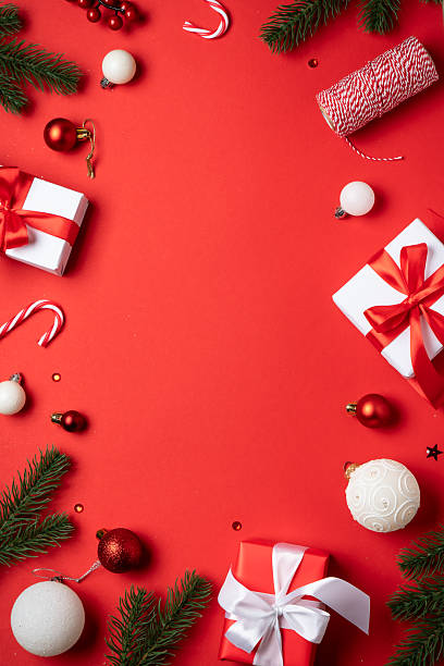 istock Christmas flat lay background on red. 2252421298