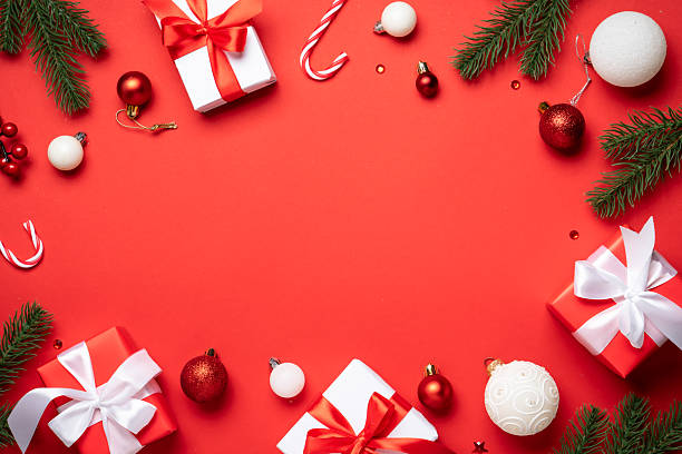 istock Christmas flat lay background on red. 2252421332