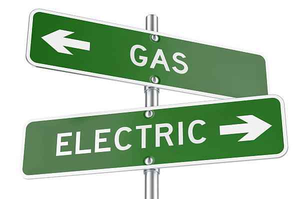 istock Gas or Electric green direction arrows, street signs. 3D rendering 2252425579