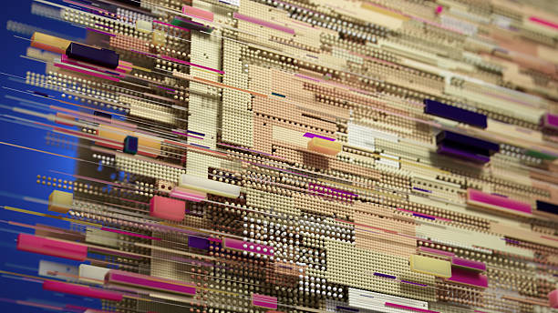 A vibrant, abstract digital artwork featuring layered dots and bars resembling a circuit board, conveying technology, data flow, and modern connectivity in a dynamic composition.