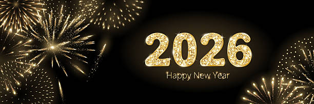 istock 2026 glitter gold digits on black background with fireworks display. New Year celebration backdrop with sparkling fireworks, luxury golden glow. Horizontal festive banner for social media. Vector. 2252428803