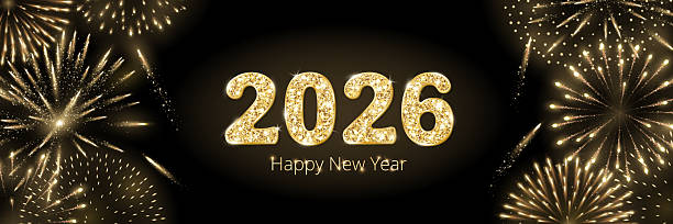 istock 2026 gold glitter numbers with fireworks frame on black background. Festive New Year celebration with golden fireworks glow, wide layout and elegant decorative border. Banner for social media. Vector. 2252428903