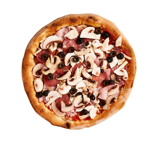 istock Round pizza with cheese, ham and mushrooms isolated on white background. 2252431174