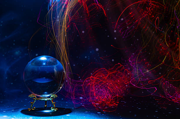 Abstract cosmic background featuring a crystal ball surrounded by colorful neon light trails. Symbolizes energy flow, future vision, mysticism, astrology, artificial intelligence, and universal forces.