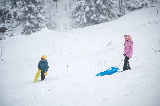istock Children sledding down snowy hill in winter forest 2252443670