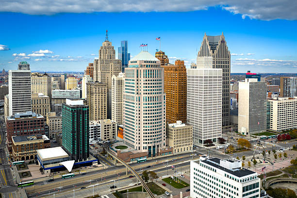 Detroit Michigan Skyline and Skyscrapers in Downtown