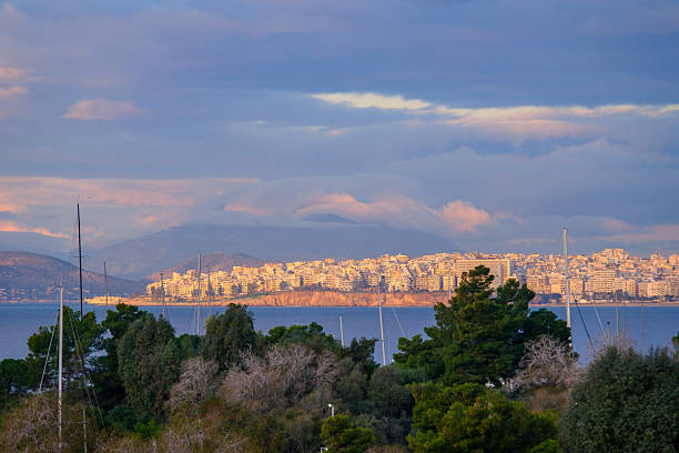 DEC 09 2025 - Pireus, Athens, Greece - A view across the coastline from Pireus to Athens.
