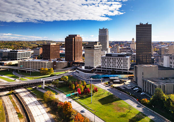 istock Akron Downtown Skyline Aerial View With Highway During Autumn 2252475613