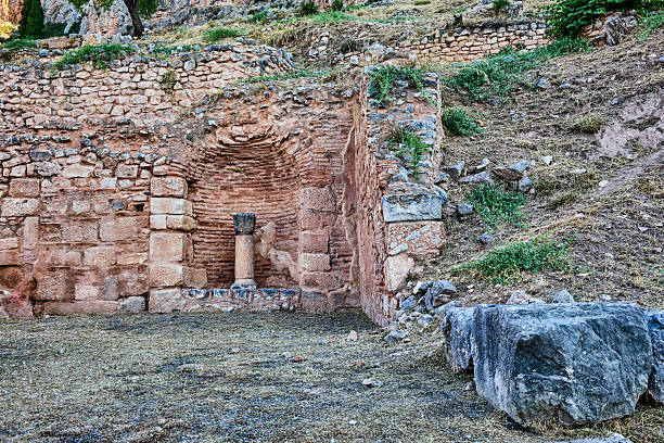 Ancient stone wall featuring a recessed niche, within which stands a single stone column topped with a capital. The wall is constructed from varying sizes of reddish-brown bricks and stones, the niche itself is arched at the top, the column, made of lighter-colored stone, is centrally placed within the niche, Delphi, Central Greece, Greece, Europe