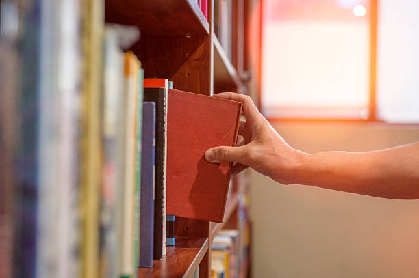 istock Close-up of a person’s hand selecting a red book from a library shelf with sunlight streaming through the window, symbolizing education, learning, knowledge, and reading inspiration 2252489197