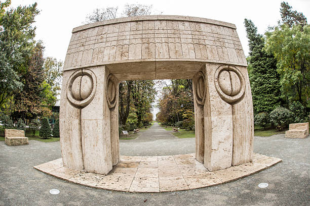 Targu-Jiu, Romania-October 08, 2014: Constantin Brancusi's Kissing Gate  Fisheye view