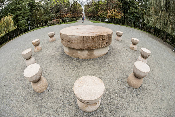 Targu-Jiu , Romania-September 25, 2020: Constantin Brancusi's Table of Silence. fisheye view.