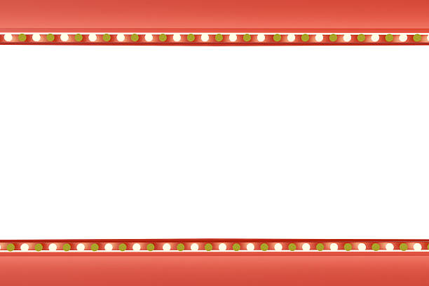 Red cinema marquee frame with glowing theater light bulbs and white blank copy space. Cinematic border for show, event, and award ceremony announcements. 3D render illustration.