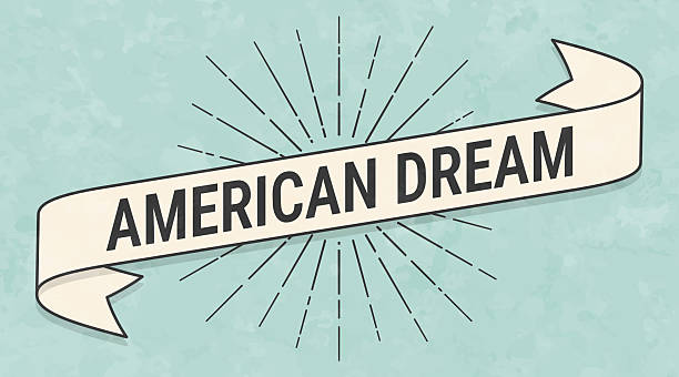 American Dream. Banner, ribbon, label in a trendy vintage style. Beautiful retro ribbon with old textured paper and sunbursts in the background. Colors used: green, blue, beige and black. The banner is beige with a black outline, the sunbursts and the text are black. The background is green-blue. Vector Illustration (EPS file, well layered and grouped). Easy to edit, manipulate, resize or colorize. Vector and Jpeg file of different sizes.