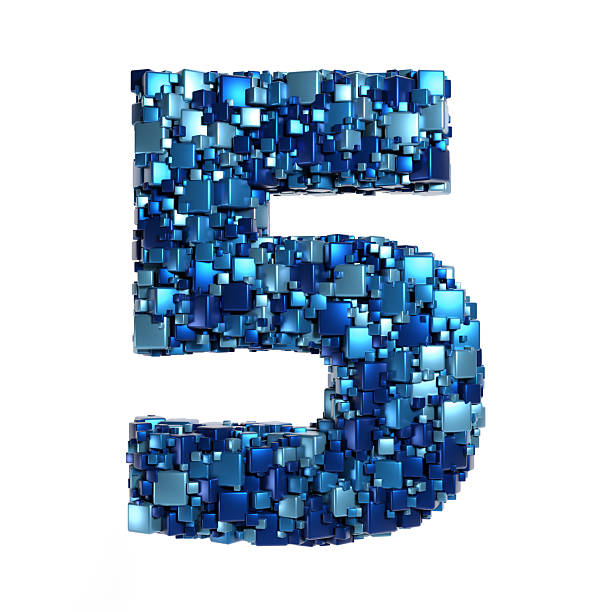 3D Number Five made of blue metallic cubes / blocks randomly arranged in a chaotic fashion producing data / AI technology theme, logo design element.