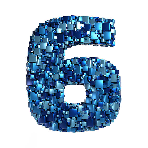 3D Number Six made of blue metallic cubes / blocks randomly arranged in a chaotic fashion producing data / AI technology theme, logo design element.