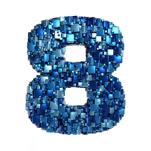 3D Number Eight made of blue metallic cubes / blocks randomly arranged in a chaotic fashion producing data / AI technology theme, logo design element.