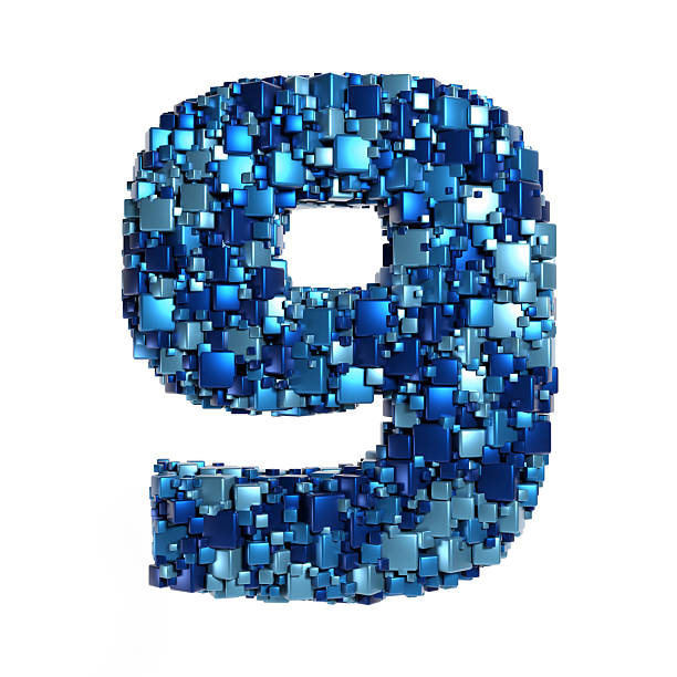 3D Number Nine made of blue metallic cubes / blocks randomly arranged in a chaotic fashion producing data / AI technology theme, logo design element.