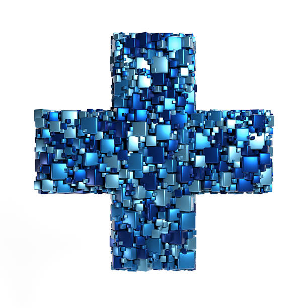 3D Plus Symbol shape made of blue metallic cubes / blocks randomly arranged in a chaotic fashion producing data / AI technology theme, logo design element.