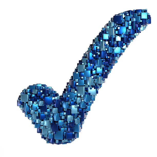 3D Tick Symbol shape made of blue metallic cubes / blocks randomly arranged in a chaotic fashion producing data / AI technology theme, logo design element.
