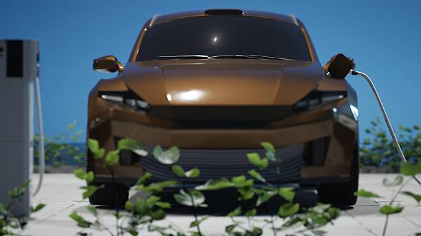 Generic electric cars charging on a parkingThis image doesn`t contain any visible trademarked products, corporate identity, logos, or copyrighted elements.I am author of design of this car.I am author of 3d model of this car.