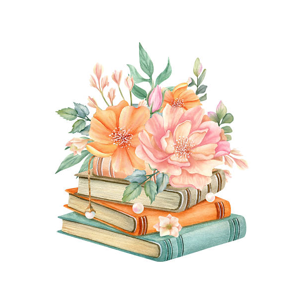 Flowers on stack of books. Cozy spring summer floral composition with peony, freesia, leaves, pearl and vintage literature. Watercolor hand drawn isolated illustration. Blooming still life art.