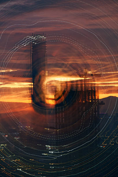 Abstract Circular Light Trails Over City Skyline At Dusk