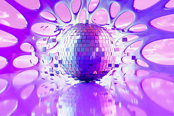Disco Ball, Party Celebration Concept on Neon Lighting Futuristic Background. Digitally Generated Image. 3d render.