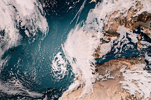 3D Render of a Topographic Map of the Atlantic Ocean with the clouds from December 12, 2025. Storm Emilia affecting Portugal, Spain and Morocco.All source data is in the public domain.Cloud texture: Global Imagery Browse Services (GIBS) courtesy of NASA, VIIRS data courtesy of NOAA.https://www.earthdata.nasa.gov/eosdis/science-system-description/eosdis-components/gibsColor texture: Made with Natural Earth.http://www.naturalearthdata.com/downloads/10m-raster-data/10m-cross-blend-hypso/Relief texture: GMTED 2010 data courtesy of USGS. URL of source image:https://topotools.cr.usgs.gov/gmted_viewer/viewer.htmWater texture: SRTM Water Body SWDB: https://dds.cr.usgs.gov/srtm/version2_1/SWBD/