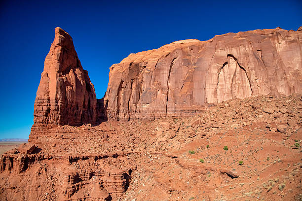 Vast Monument Valley desert landscape in summer under bright clear blue sky with red rocks.