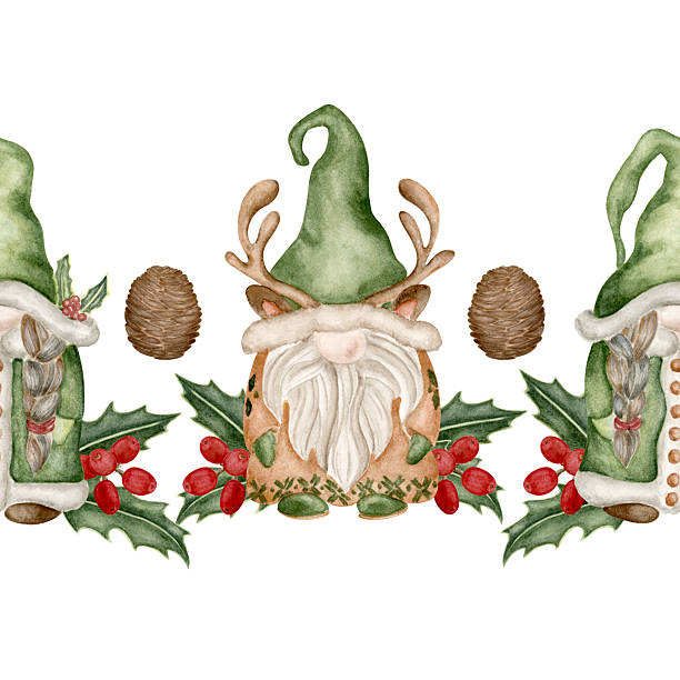 A festive seamless border featuring adorable green-hatted Christmas gnomes with holly, berries, pine cones, and evergreen foliage. Perfect for greeting cards, fabric patterns, wrapping paper, invitations, and festive crafts