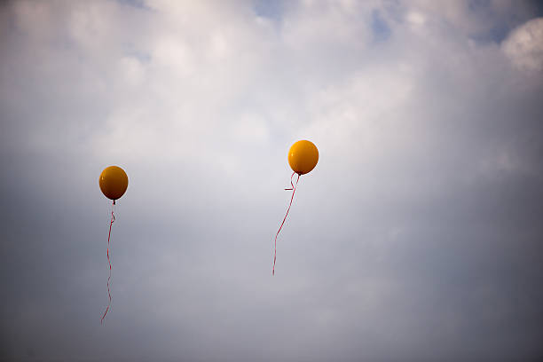 Two yellow balloons drift upward into a soft cloudy sky, creating a calm and symbolic scene of freedom, hope, and quiet celebration.