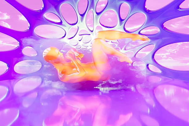 Neural Network and Artificial Intelligence Concept, Flying Woman Cyborg On Neon Lighting Futuristic Purple Background. Digitally generated image. 3d render.