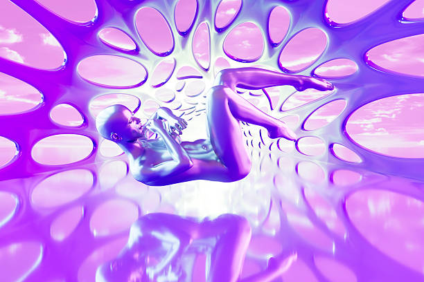 A conceptual image of a woman's spirit drifting to a porthole of light.