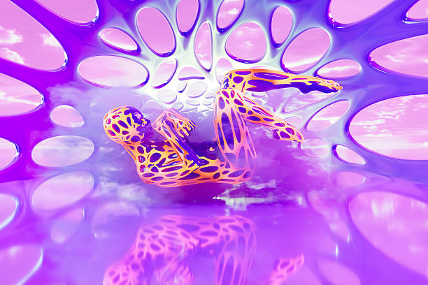 Neural Network and Artificial Intelligence Concept, Flying Woman Cyborg On Neon Lighting Futuristic Purple Background. Digitally generated image. 3d render.