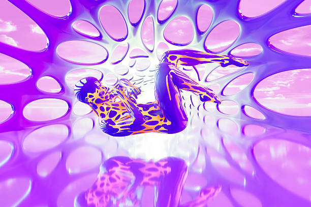 Neural Network and Artificial Intelligence Concept, Flying Woman Cyborg On Neon Lighting Futuristic Purple Background. Digitally generated image. 3d render.