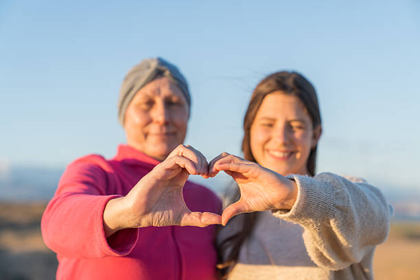 istock Mother and daughter forming heart shape for cancer support 2252527321