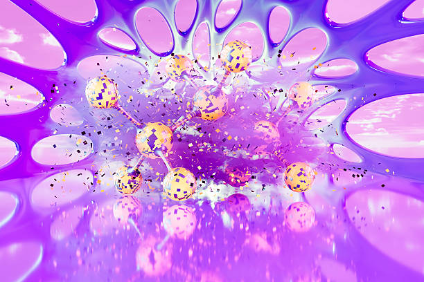 Molecular Structure on Neon Lighting Futuristic Purple Background. Digitally generated image. 3d render.
