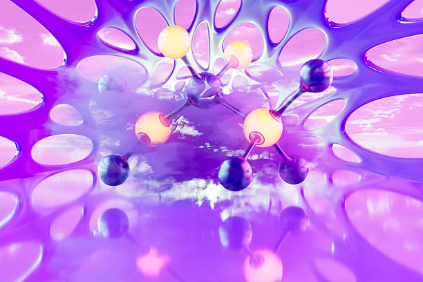 Molecular Structure on Neon Lighting Futuristic Purple Background. Digitally generated image. 3d render.
