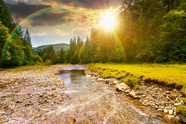 istock landscape with mountains, forest and a river in front at sunset 2252544714