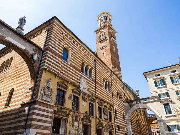 View of the Lamberti Tower in Piazza delle Erbe. In Verona, Italy