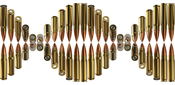 DNA spiral composed of rifle bullets. Conceptual image representing the duality of human nature and the intersection of evolution and aggression. Repeatable 3D isolated illustration